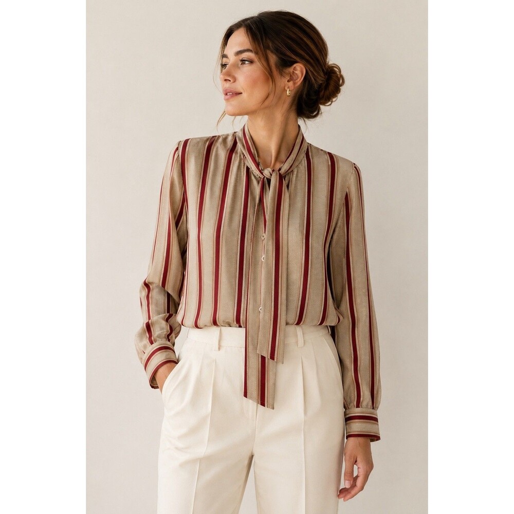 Alan Austin Beverly Hills Silk Blouse 38 Made in Italy Burgundy Stripe Tie Neck